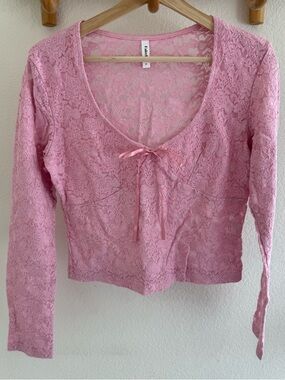 Romantic whimsical pink lace long sleeve top with bow detail Size L